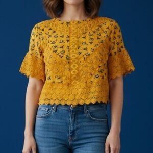 THREAD MARKET Floral Crochet Lace Canary Yellow Festival Crop Top